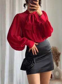 Damen Schleife am Kragen Langarm transparente Chiffon Bluse elegant für Büro und Business einzelne Knopfleiste Hemd Oberteil Frühlingsoutfit - Rot - Übersicht 4