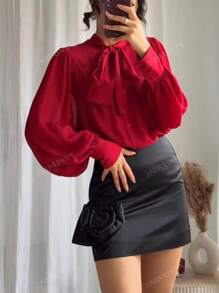 Women's Bowknot Neck Long Sleeves Sheer Chiffon Blouse Elegant Work Business Single Breasted Shirt Top Spring Outfits