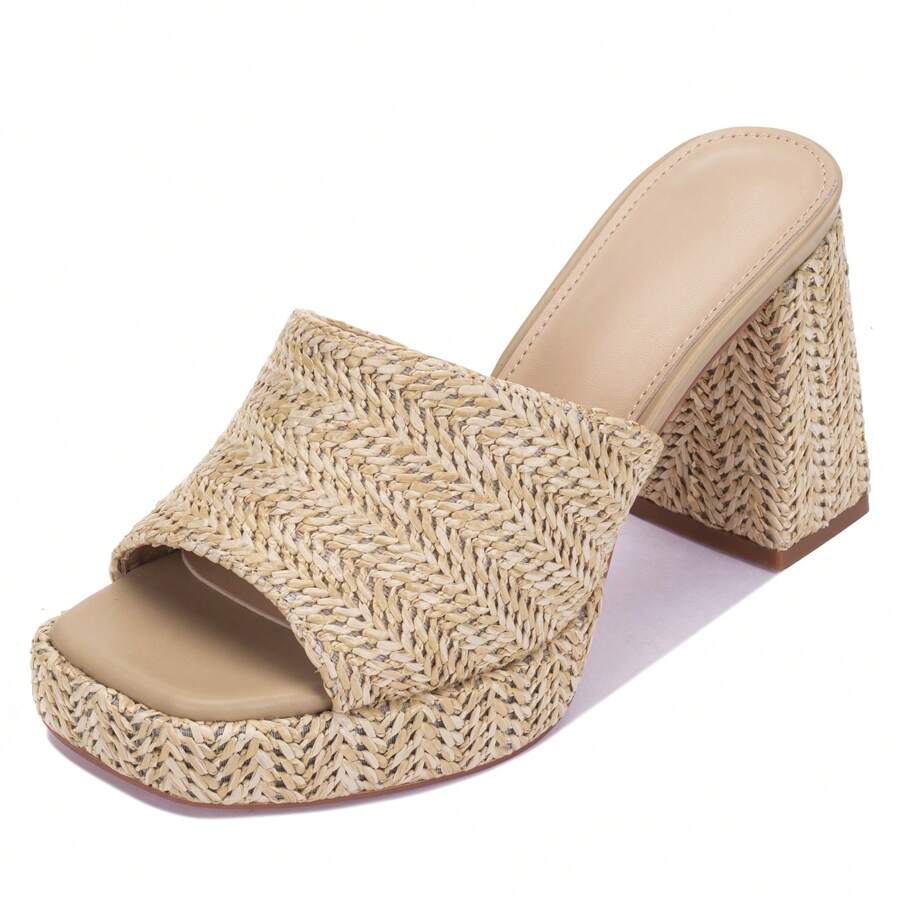 Women's Raffia Wedge Sandals With Chunky Platform Heel, Slide-On Open Toe High Heels For Summer, Great For Casual, Beach, And Everyday Wear Lightweight Design - Màu be - Xem 1