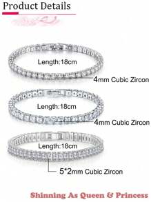 3pcs Set Shiny Round & Square Geometric Zirconia Tennis Bracelet, Suitable For Women And Girls Everyday Wear - Silver - View 4