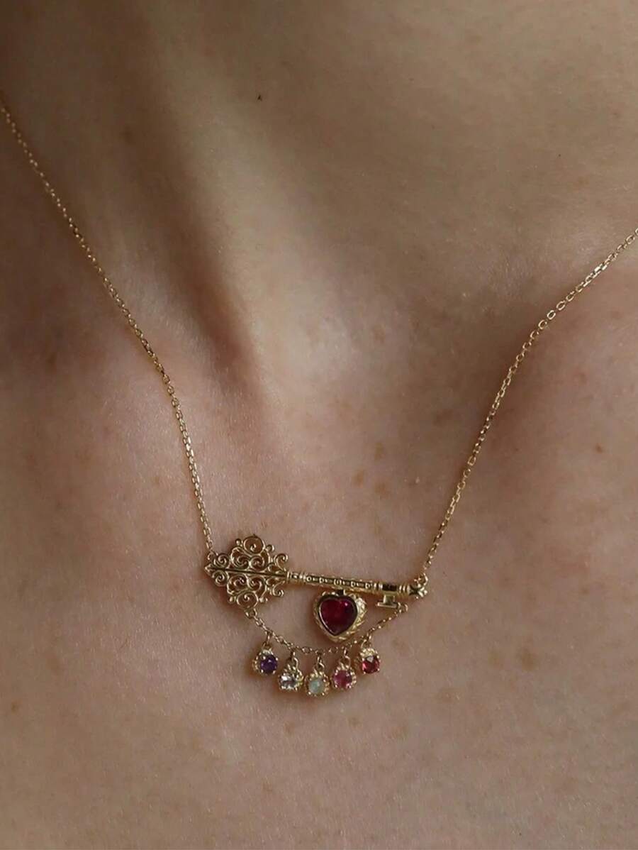 1 件装欧美轻奢时尚流苏镶嵌钻石钥匙心形女士项链宴会聚会礼物送朋友 - 金黃色 - 查看 1