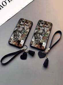 1 件镂空直边动物蝴蝶彩绘加厚防震彩绘手机壳配新皮革心形腕带 DIY 手机壳饰物，流苏吊坠短腕带饰物 - 彩色 - 查看 2