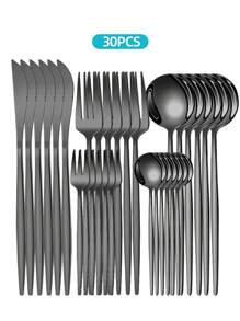Stainless Steel Elegant Tableware Set, 5/20/30pcs Western Cutlery Set-Includes Dining Knives, Table Forks, Dining Spoons, Teaspoons, Dessert Forks, Forks For Salad/Appetizers/Dessert, And Mini Spoons For Coffee/Tea/Dessert/Cake/Stirring/Fruit/Ice Cream, Reusable Steak Knife, Main Fork, Soup Spoon, Teaspoon