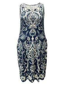 Plus Size Fashionable Printed Bohemian Style Vacation Sleeveless Dress With Pockets, Summer - Multicolor - View 3