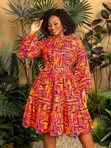 Faeriesty 加上别致的中长连衣裙，小圆领，长喇叭袖，和充满活力的几何印花 - 非常适合热带海滩派对，夏季度假装和度假（轻盈和不分季节的设计）夏季连衣裙春季服装 - 橘色 - 查看 4