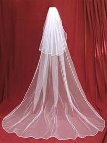 1pc Ivory Long Minimalist Plain Tulle Simple Bridal Veil Fall Clothes For Women - Ivory White - View 1