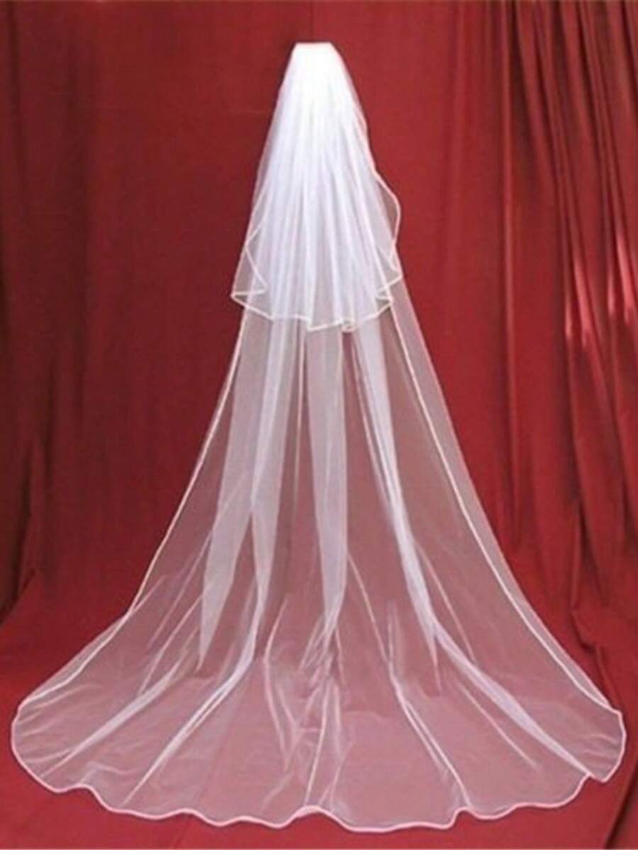 1pc Ivory Long Minimalist Plain Tulle Simple Bridal Veil Fall Clothes For Women - Ivory White - View 1