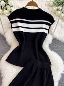 秋季女装休闲优雅时尚套装，韩版时尚撞色条纹针织上衣和阔腿裤两件套，别致简约，时尚通勤毛衣两件套 - 黑色 - 查看 6