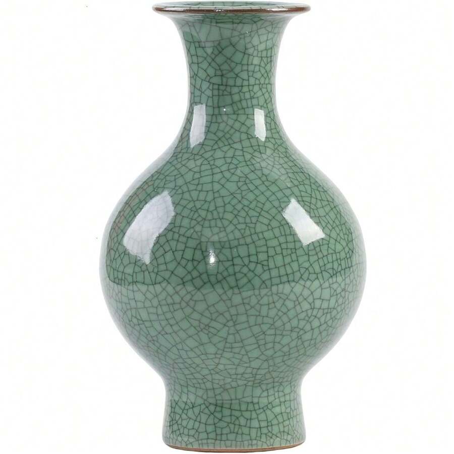 Jarrones chinos de cerámica china de 11.2 pulgadas, hecho a mano, antiguos, glaseado, porcelana, florero verde para flores - Verde - Ver 1