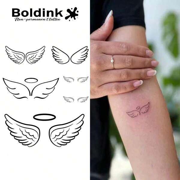 Boldink Boldink 临时纹身技术，迷你天使翅膀精致设计，防水，易于使用和粘贴，持续 1-2 周，入门纹身，真实纹身效果，极简纹身贴纸