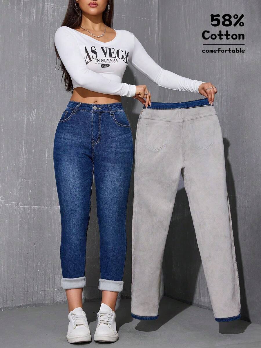 Skinny Cropped Warm Denim Jeans, Winter - Blue - View 1