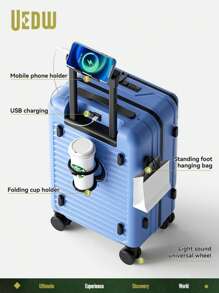 20 Inch Functional Boarding Case, Portable Suitcase With Cup Holder, Luggage With Password Lock,Solid Color Luggage Case Set : Portable Square Handside Handbag & Large Capacity Handside Travel Suitcase With Password,Large Capacity Suitcase, Functional Travel Trolley Case, Boarding Case & Luggage With Cup Holder