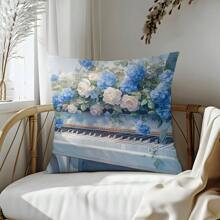 1pc Flower Piano Decorative Pillow Cover, Soft Peach Velvet Material, Single-Sided Printing 45*45CM, Suitable For Living Room, Bedroom, Sofa, Home, Gift