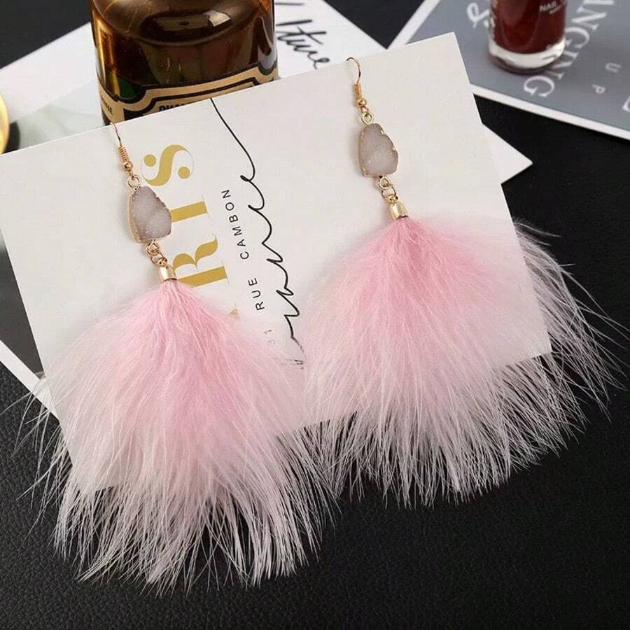 1 par de pendientes exagerados con plumas y colgante de piedras preciosas - Pendientes de plumas de piedra - Ver 1