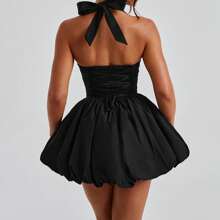 Women Y2K Halter Bubble Mini Dress Sleeveless Ruched Waist Mini Dress Sexy Open Back Tie Up Backless Corset Short Puff Dress Party Cocktail Clubwear Beach Club Streetwear - 黑色 - 查看 10
