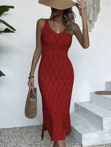 女士休闲V领纯色钩针开衩连衣裙，夏季全白，秋季返校季米黄色，秋冬季派对优雅长裙（图案随机） - 紅色 - 查看 4