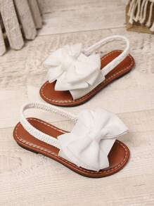 1 par de sandalias planas blancas de talla grande para niñas bebés/niñas pequeñas, con decoración de lazo de malla de unicolor, correa elástica en la parte trasera, punta redonda, suela antideslizante y ligera, estilo gladiador de moda para el verano, adecuadas para niñas de 3 a 15 años para uso diario, fiestas y viajes