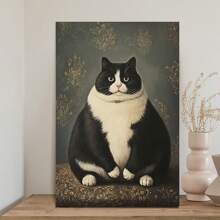 Framed 1pc Fat Cat Victorian Portrait Canvas Wall Art, Whimsical Black White Feline Decor With Ornate Floral Background, Wooden Framed & Ready To Hang For Living Room, Bedroom, Office, Kitchen, 2D, Perfect For Room Decor - Framed - View 2