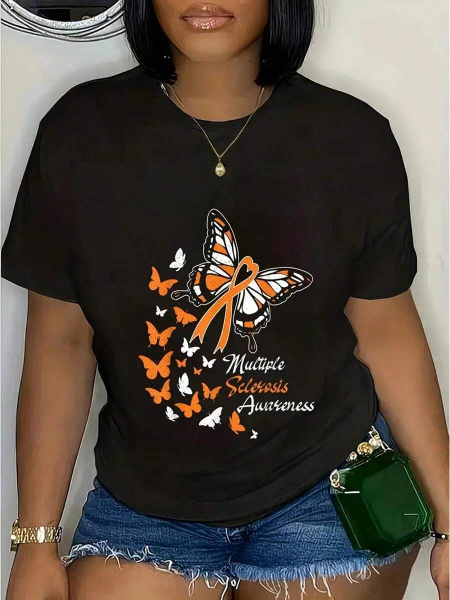 Multiple Sclerosis Awareness Butterfly T-Shirt - Soft, Casual Crew Neck, Short Sleeve, Black With Orange And White Butterflies Design  100%Cotton - Black - View 1