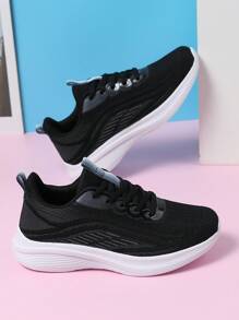 男士轻便运动跑步鞋，透气系带黑白男女款运动鞋，情侣款