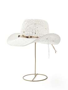 1pc Shell Decor Bohemian Style Beaded UV-Protection Straw Panama Hat, Handmade Versatile Beach Hat, Suitable For All Seasons - White - View 13