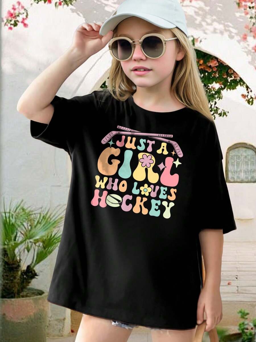 Cute Hockey T-Shirt For Women Girls - Retro Style Hockey Player Tee - Hockey Mom Gift - Casual Comfortable Short Sleeve Top - Kids Hockey Shirt - 黑色 - 查看 1
