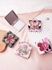 1 件千禧卡通猫系列小巧折叠镜，超薄便携式手持镜，配 PU 皮套，不锈钢金属真空电镀，适合所有场合和人群，折叠方形口袋镜 - 彩色 - 查看 2