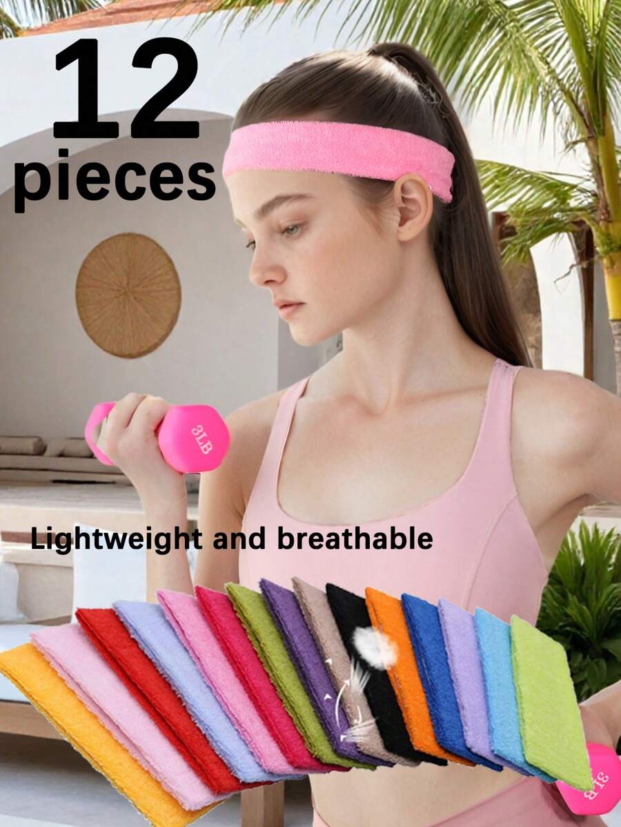 12 件/4 件套装女士超薄运动头带，瑜伽头带，柔软运动头带材质，适合室内外瑜伽、运动、健身 - 彩色 - 查看 1