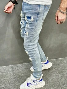 Men's Skinny Distressed Denim Jeans, Washed Blue Slim Fit Long Pants - Medium Wash - View 7