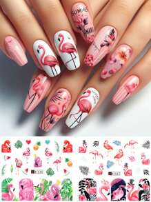 12 pièces d'autocollants pour ongles avec flamants roses, fleurs, feuilles, plumes, jungle tropicale, palmiers, oiseaux et animaux. Décalcomanies d'été pour piscine, fête. Décoration d'ongles par transfert d'eau (sans viscosité)