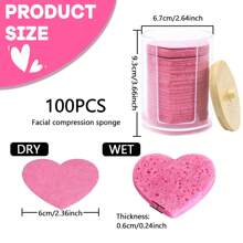 100-Piece Heart-Shaped Compressed Face Sponge With Storage Container For Cleansing Natural Cellulose Disposable Face Sponge SPA Sponge For Facial Cleansing Exfoliating Cosmetics Or Mask Removal