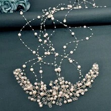 1pc Elegant Silver Pearl Crystal Tassel Headband, Handmade Shiny Bridal Headdress Accessories Suitable For Wedding, Party, All Seasons