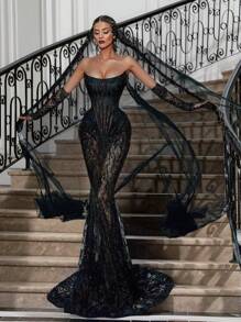 新款女士时尚蕾丝拼布连衣裙、婚礼宾客礼服、派对礼服、长袍、正式礼服、晚礼服、万圣节礼服 - 黑色 - 查看 10