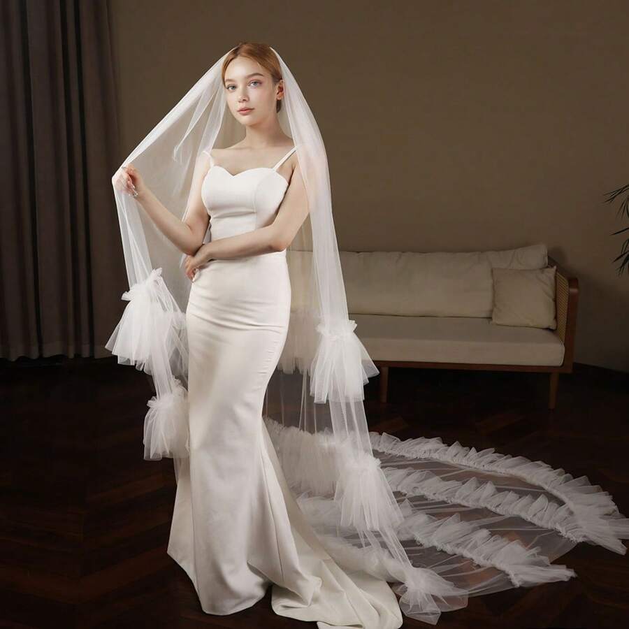 1pc European Style Long-Train Wedding Bridal Dress, Handmade Ruffled Elegant & Minimalist Veil Fall Clothes For Women - White - View 1