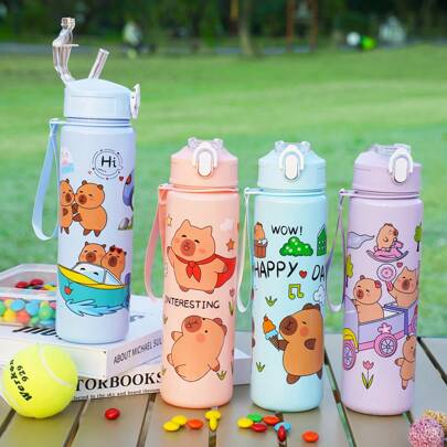 1 个 23 盎司/700 毫升可爱耐用太空杯，户外休闲运动，可爱卡通水豚主题印花，塑料水瓶，防漏，带盖和吸管，配有编织手柄带，适合户外露营、野餐、学校、旅行、节日礼物、母亲节、复活节、独立日、生日礼物