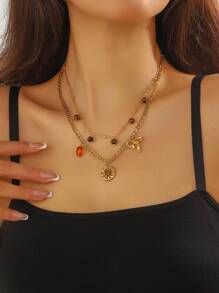 1pc Fashion Retro Layered Pendant Necklace With Butterfly, Heart, Pearl, Eye Charm Elements, Stainless Steel Gold Plated - Multi-layer - View 2