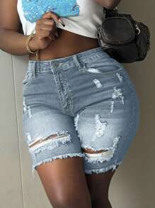 Quần short denim cạp cao co giãn kiểu Âu và Mỹ mới, thích hợp mặc mùa hè. - Rửa nhẹ - Xem 3
