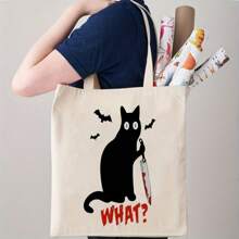 Halloween Tote Canvas Storage Bag, With Humorous Black Cat Pattern - 1 Piece Canvas Shopping Tote Bag Large Capacity, Double-Sided Printed Bag, Perfect Choice For Shopping And Gifts, Casual Practical Commuting Bag, Gift YJ