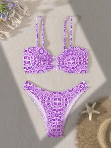 2pcs/Set Fashionable Blue & White Porcelain Printed Swimsuit, Spring/Summer - Purple - View 2