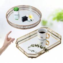 Zwei Formen goldener verspiegelter Kosmetiktablett für das Badezimmer, Metall dekorativer Schmuckaufbewahrungstablett, Schmink- und Duftstoff Organizer für Kommode, Schlafzimmer, Heimorganisator dekorativer Tablett, geeignet als Kerzenhalter, Tischzentrum (Kreis und rechteckige Form), Lagerung im Studentenwohnheim