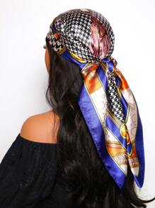 1pc Women's Elegant Simple Houndstooth Print 90cm Satin Square Scarf, Suitable For Casual Wear And Street Styling As Scarf, Headband Or Headwrap