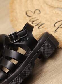 1 Pair Girls' Comfortable Waterproof Platform Black Sandals, Suitable For Summer