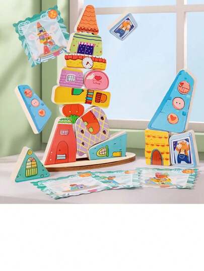 Wooden Building Blocks With Interesting Patterns - Educational Stacking Game, Trains Fine Motor Skills, Balance And Attention - Ideal Gift