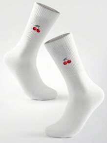 1 Pair Cherry Fruit Minimalist Design Mid-Calf Socks, Suitable For Everyday Household Wear, Fall - Multicolor - View 3