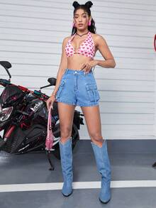 Flap Pocket Denim Shorts - Light Wash - View 3