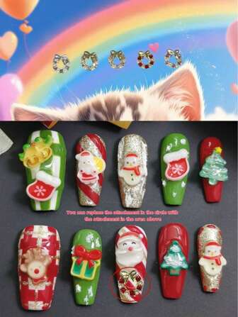 Cada set de 10 piezas de uñas artesanales, de caliente y resistentes para niñas, son desmontables y fáciles de reutilizar. Las decoraciones incluyen muñecos de nieve y regalos, y se pueden diseñar accesorios en forma de círculo
