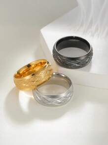 1pc Rhombus Line Matte Jewelry Titanium Steel Ring Band, Minimalist Grid Plain Ring - Diamond Line Frosted Ring - View 1