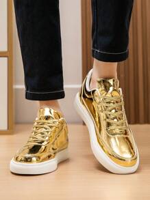 Zapatillas de moda con cordones planos dorados brillantes para hombre de talla grande, con puntera redonda adecuadas para fiestas, zapatos caminantes de PU llamativos con cordones, para primavera/verano/otoño