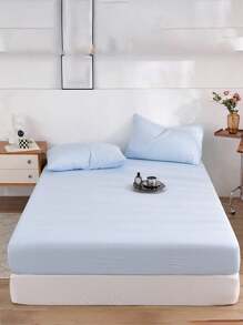 1 Set 3pcs Light Blue Soft Cotton Fitted Sheet Set, Suitable For Bedroom, Guest Room