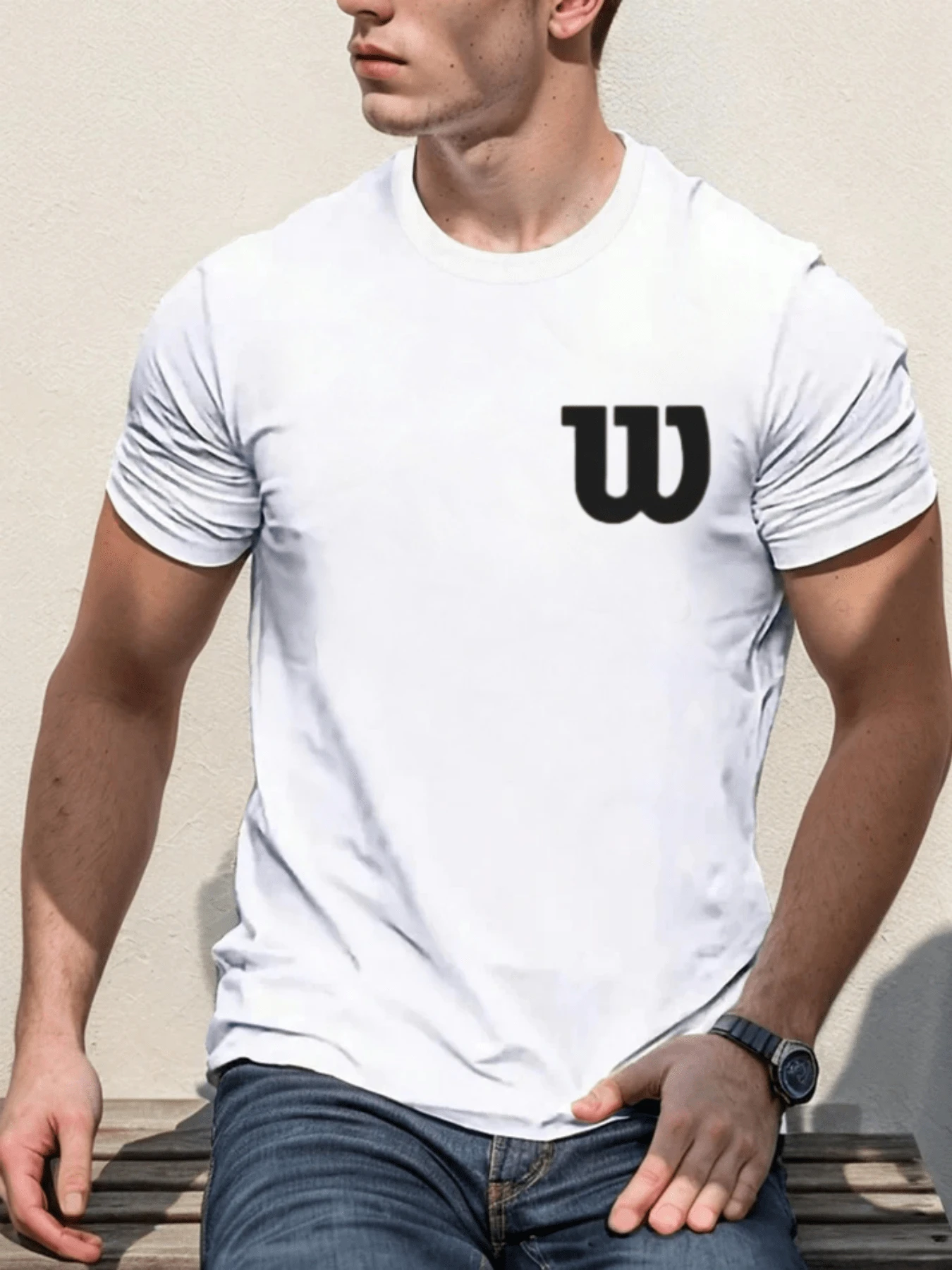 Camiseta Masculina De Algodón, Impresión De Símbolo Con Estilo Minimalista - Blanco - Ver 1